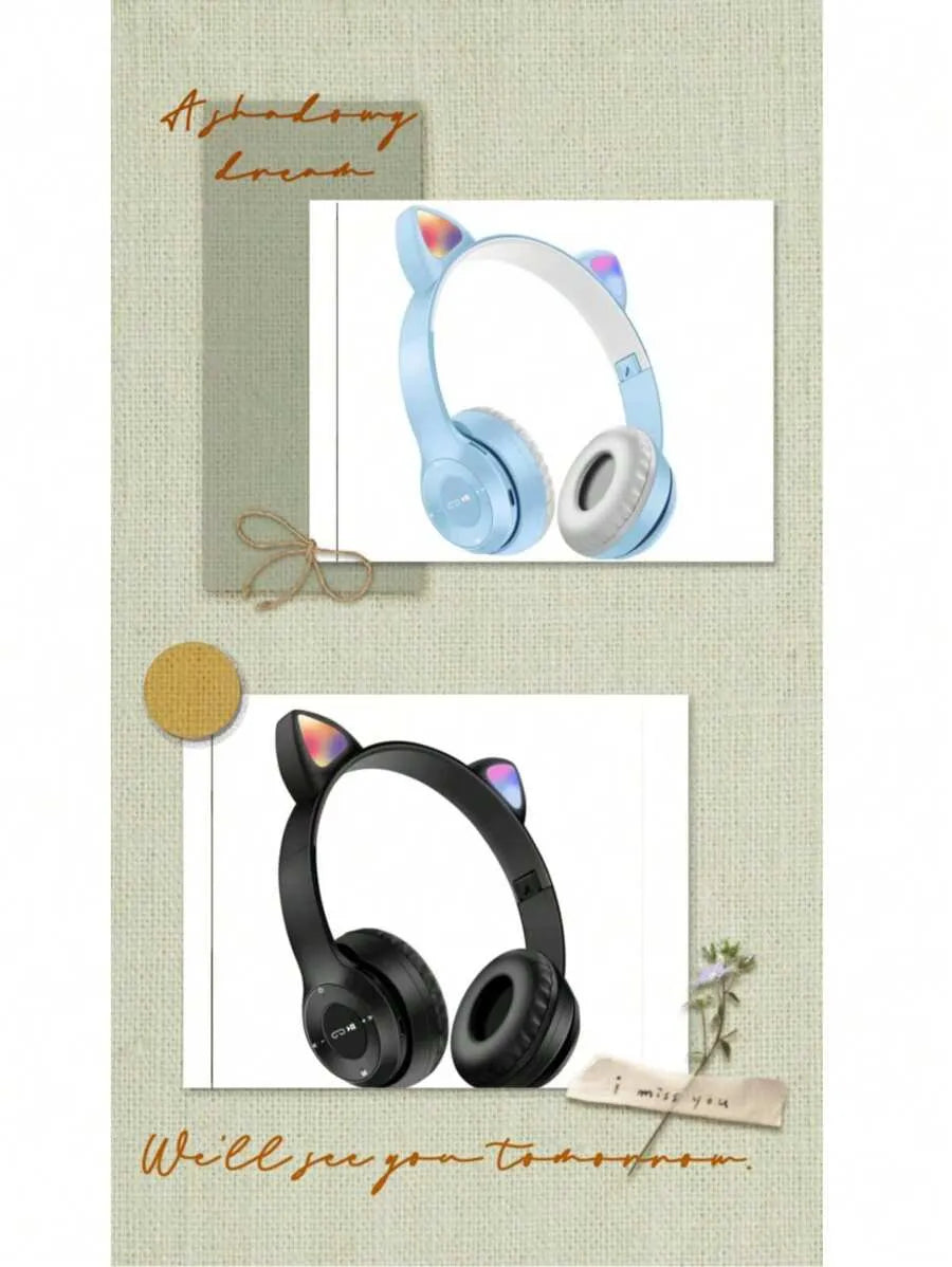 P47M Wireless Bluetooth Headset with Cat Ear Design – Light-Up, Foldable, Built-in Mic, Blue
