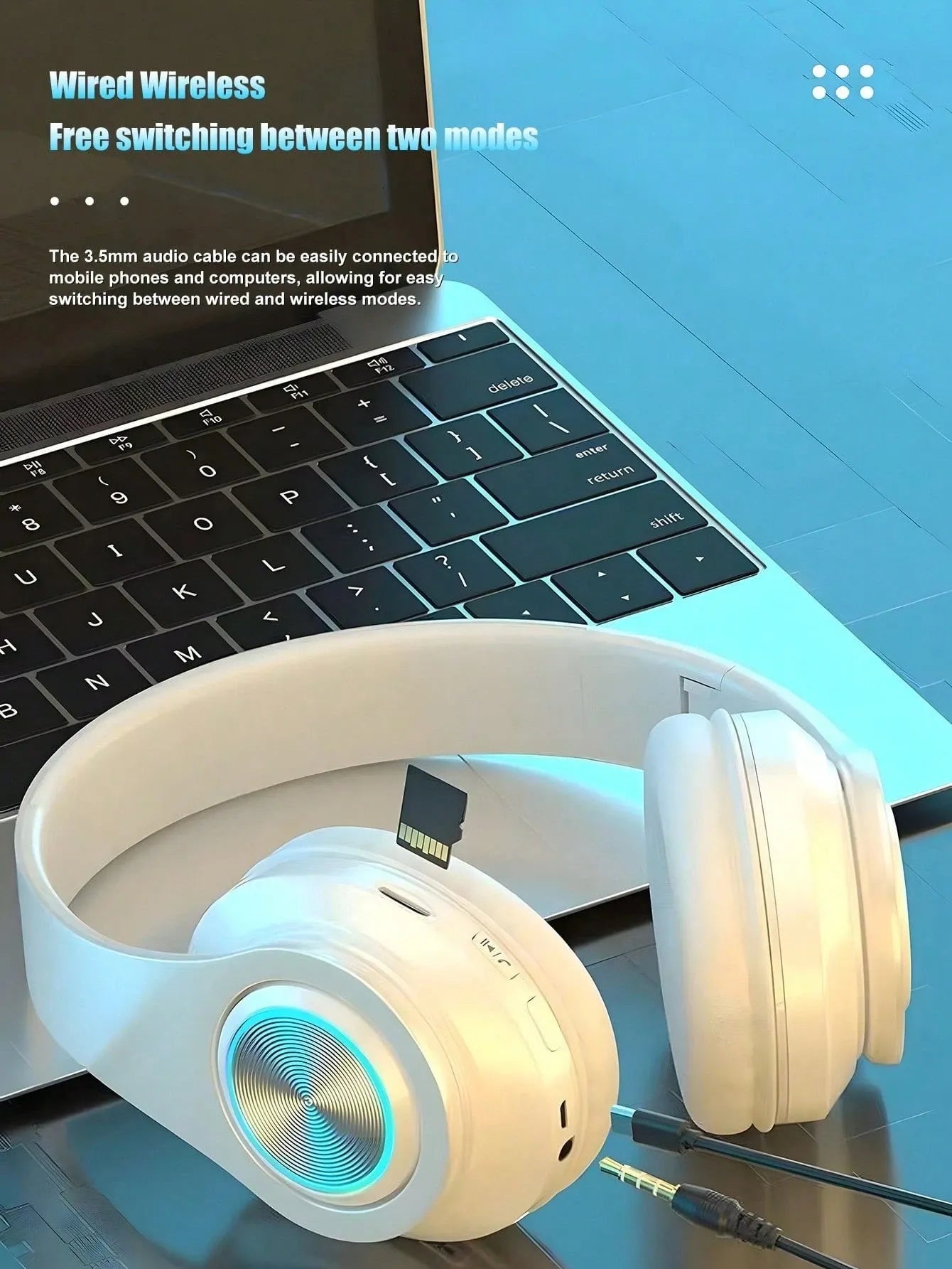 Wireless Gaming Headset – White Foldable Bluetooth Headphones with LED Lights & Deep Bass