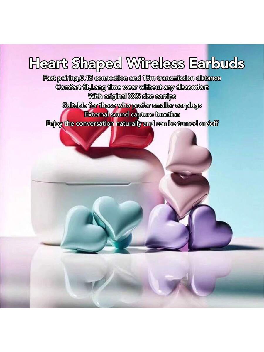 Heart Shaped Bluetooth 5.3 Earbuds – HiFi Stereo Noise Canceling In-Ear Headphones with Charging Case for Couples Valentine Travel Sport