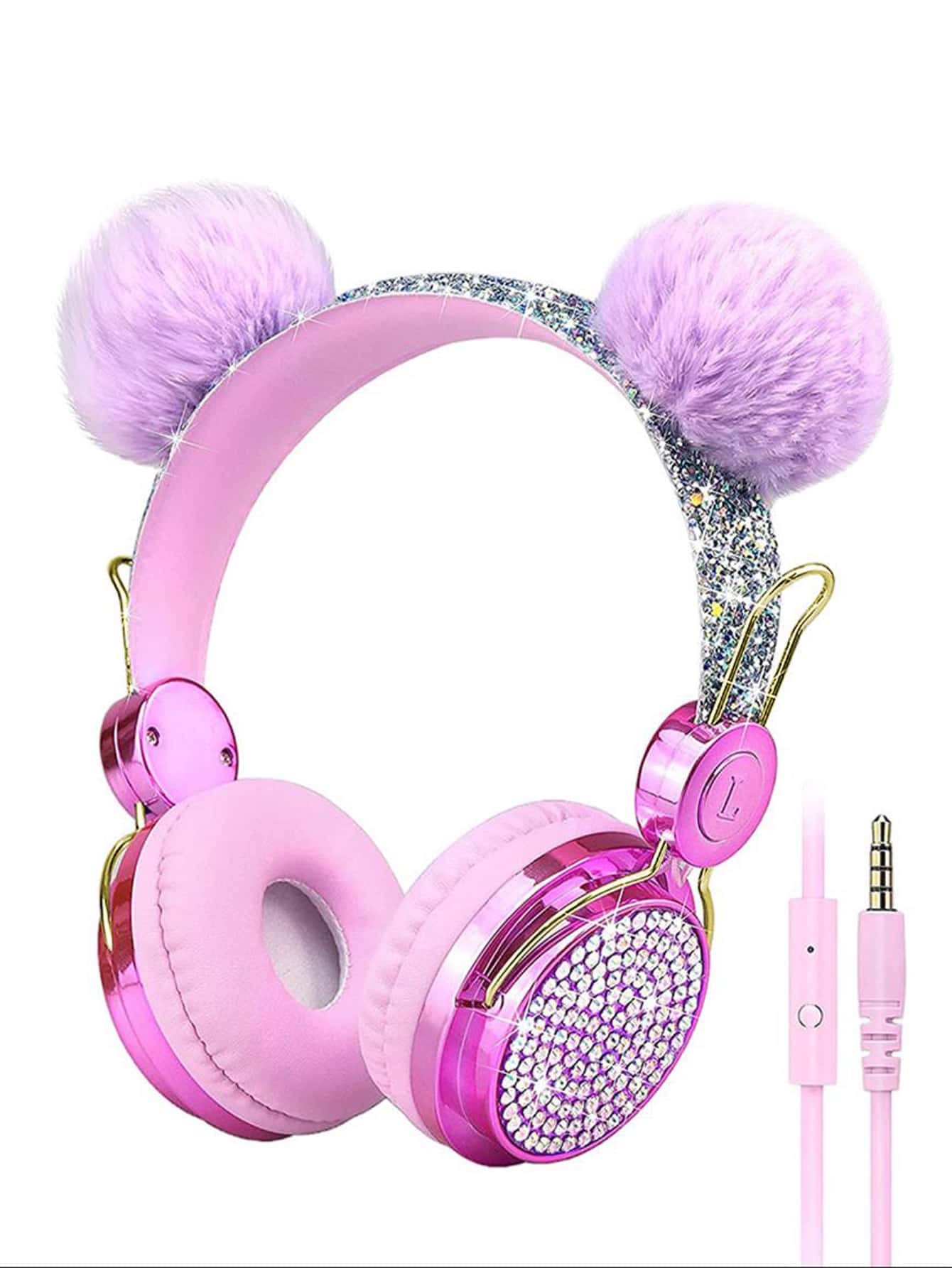 Kids Ear Design Wired Headset with Rhinestone Decor – Cute Over-Ear Headphones for Girls & Boys Music & Study