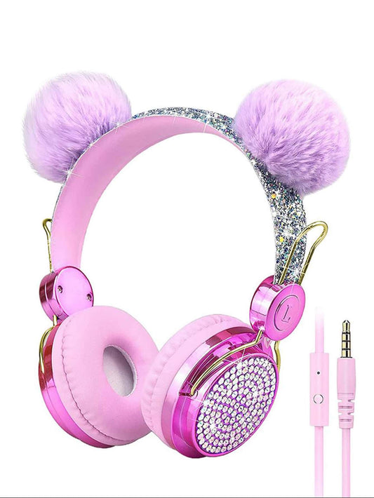 Kids Ear Design Wired Headset with Rhinestone Decor – Cute Over-Ear Headphones for Girls & Boys Music & Study