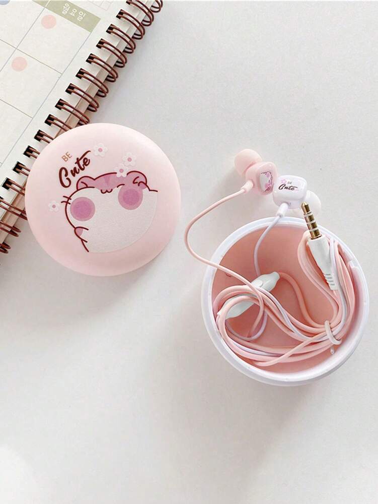 Pink Cartoon Mouse Earphones with Storage Box – Cute In-Ear Wired Headphones for Kids & Teens, Portable Travel Case Included