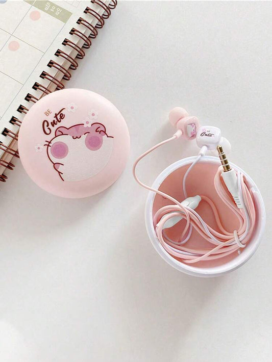 Pink Cartoon Mouse Earphones with Storage Box – Cute In-Ear Wired Headphones for Kids & Teens, Portable Travel Case Included