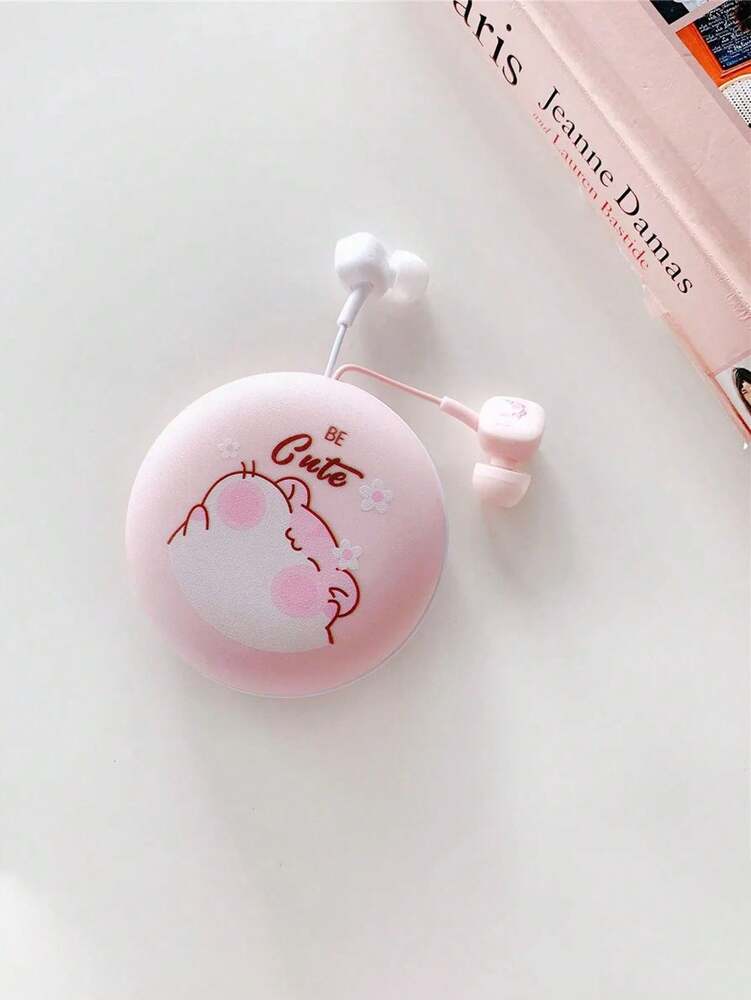 Pink Cartoon Mouse Earphones with Storage Box – Cute In-Ear Wired Headphones for Kids & Teens, Portable Travel Case Included