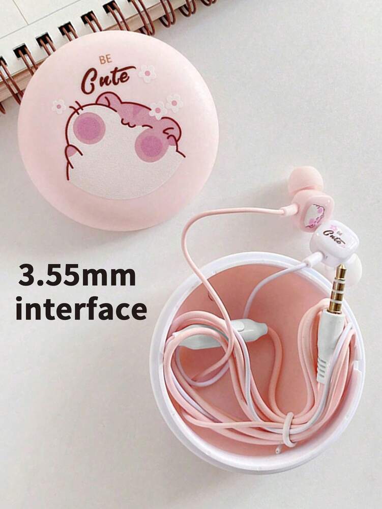 Pink Cartoon Mouse Earphones with Storage Box – Cute In-Ear Wired Headphones for Kids & Teens, Portable Travel Case Included