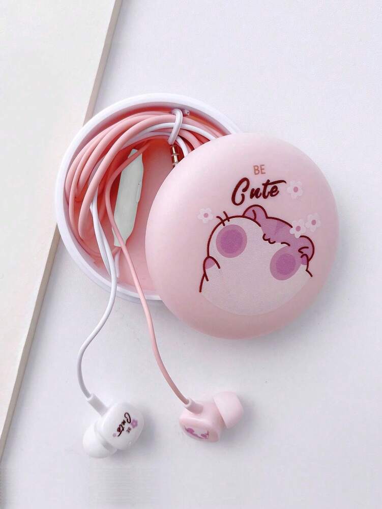 Pink Cartoon Mouse Earphones with Storage Box – Cute In-Ear Wired Headphones for Kids & Teens, Portable Travel Case Included