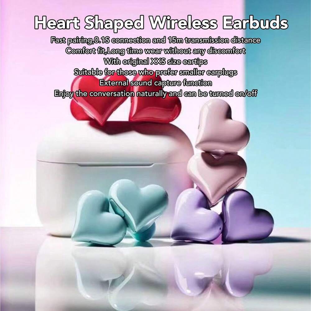 Heart Shaped Bluetooth 5.3 Earbuds – HiFi Stereo Noise Canceling In-Ear Headphones with Charging Case for Couples Valentine Travel Sport