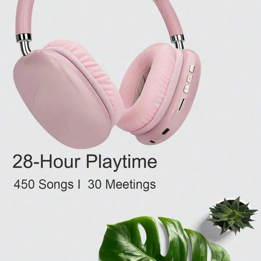 Wireless & Wired Over-Ear Headphones – 28H Playtime, Noise-Canceling, Pink