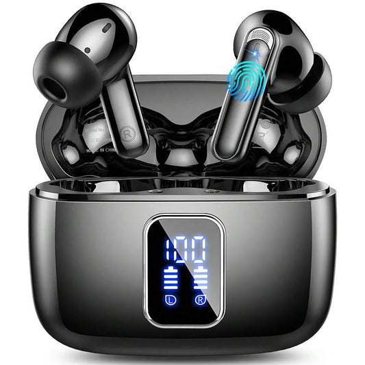 BK07 Wireless Bluetooth 5.4 Earbuds with LED Display, Touch Control & Noise Cancelling (Black)