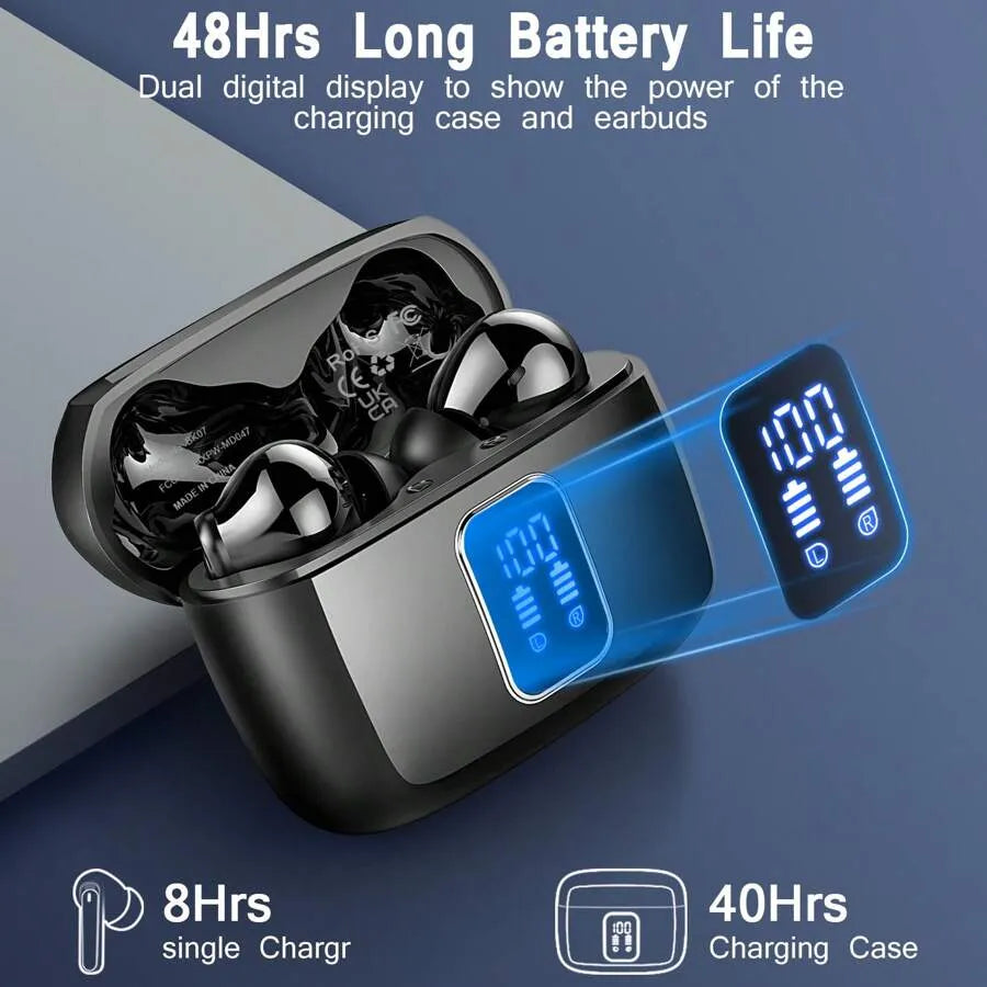 BK07 Wireless Bluetooth 5.4 Earbuds with LED Display, Touch Control & Noise Cancelling (Black)