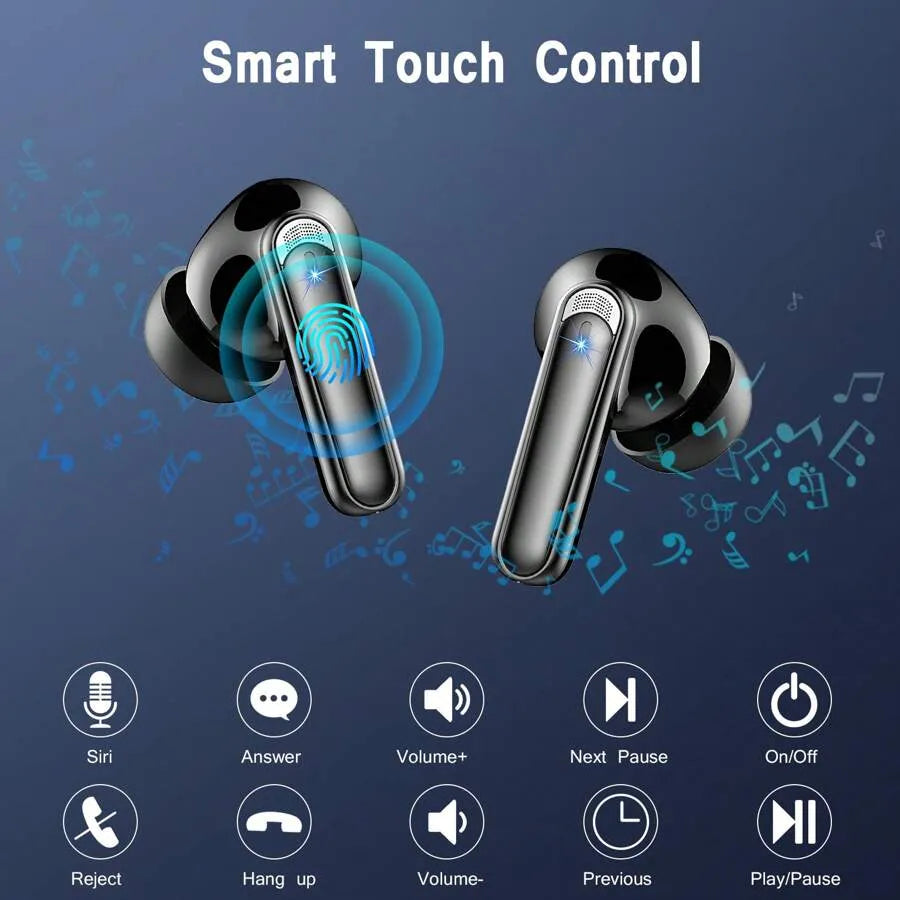 BK07 Wireless Bluetooth 5.4 Earbuds with LED Display, Touch Control & Noise Cancelling (Black)