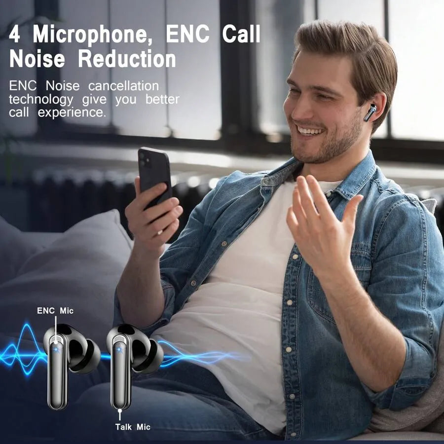 BK07 Wireless Bluetooth 5.4 Earbuds with LED Display, Touch Control & Noise Cancelling (Black)