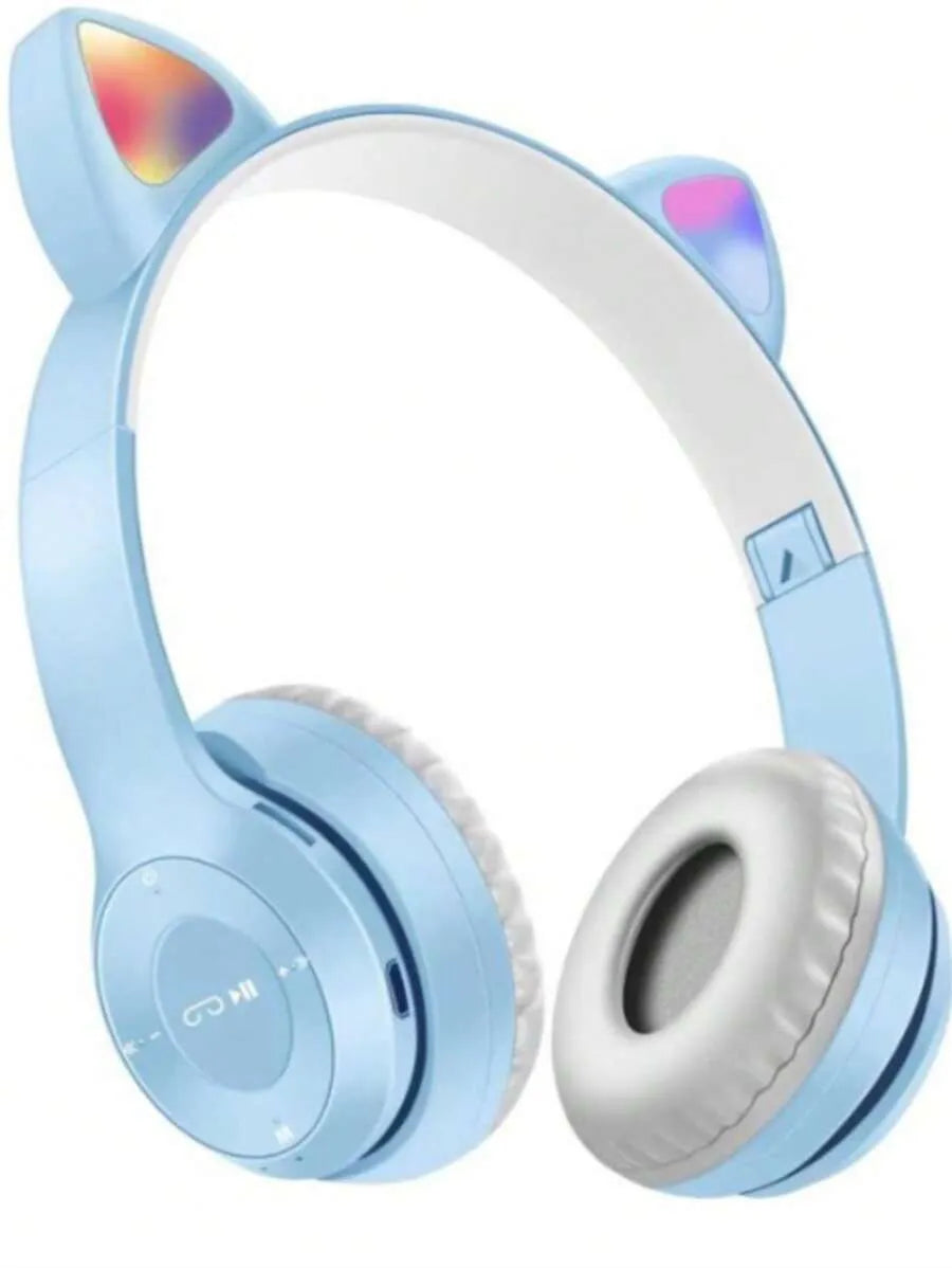 P47M Wireless Bluetooth Headset with Cat Ear Design – Light-Up, Foldable, Built-in Mic, Blue