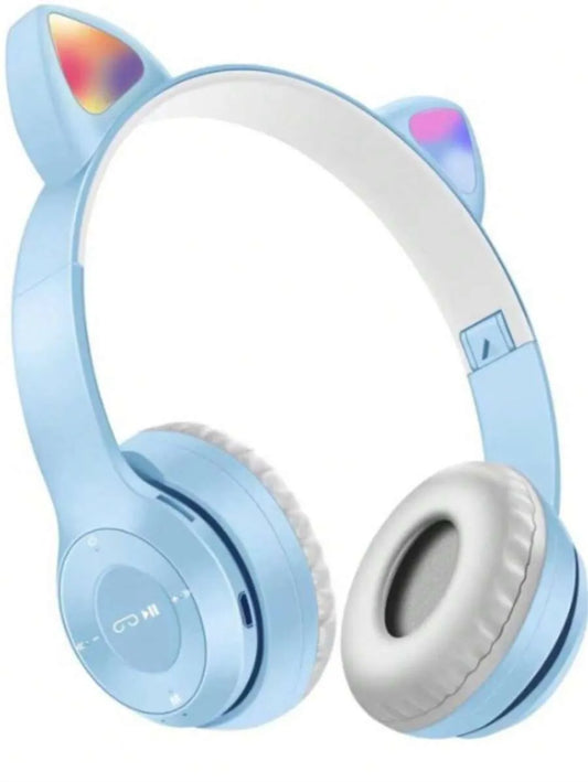 P47M Wireless Bluetooth Headset with Cat Ear Design – Light-Up, Foldable, Built-in Mic, Blue