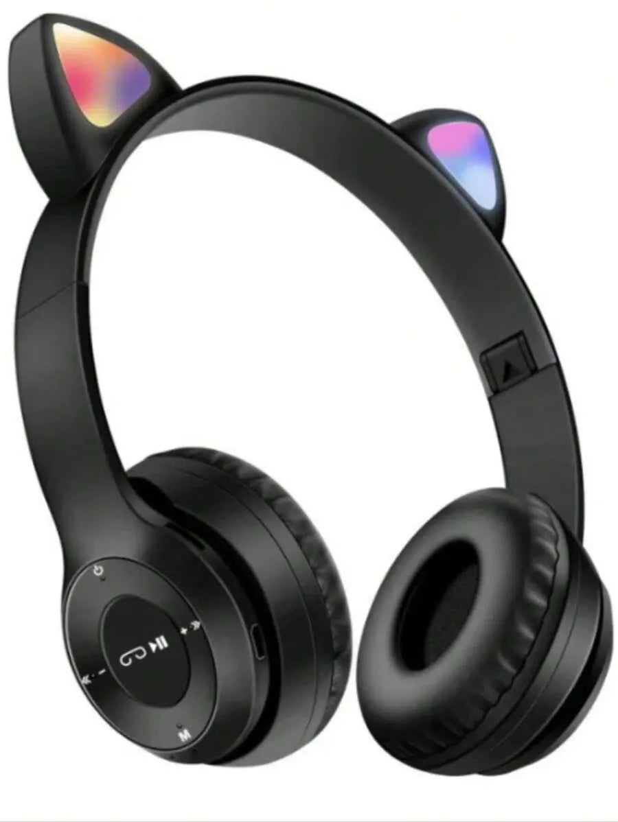 P47M Wireless Bluetooth Headset with Cat Ear Design – Light-Up, Foldable, Built-in Mic, Blue