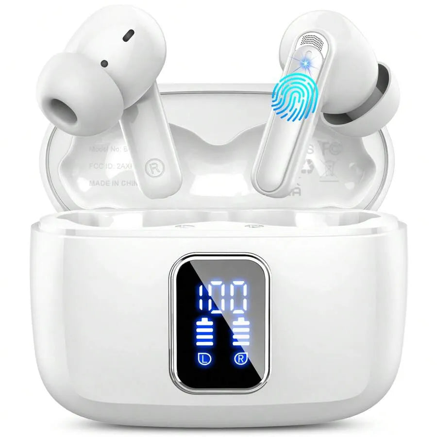 BK07 Wireless Bluetooth 5.4 Earbuds with LED Display, Touch Control & Noise Cancelling (Black)