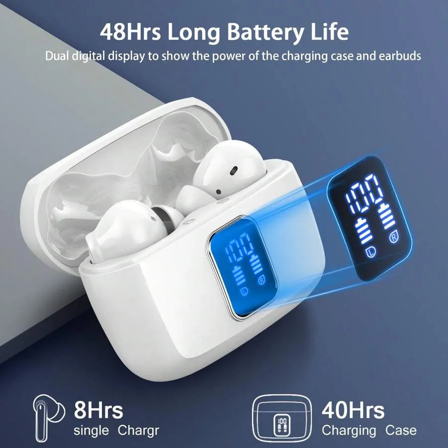 BK07 Wireless Bluetooth 5.4 Earbuds with LED Display, Touch Control & Noise Cancelling (Black)