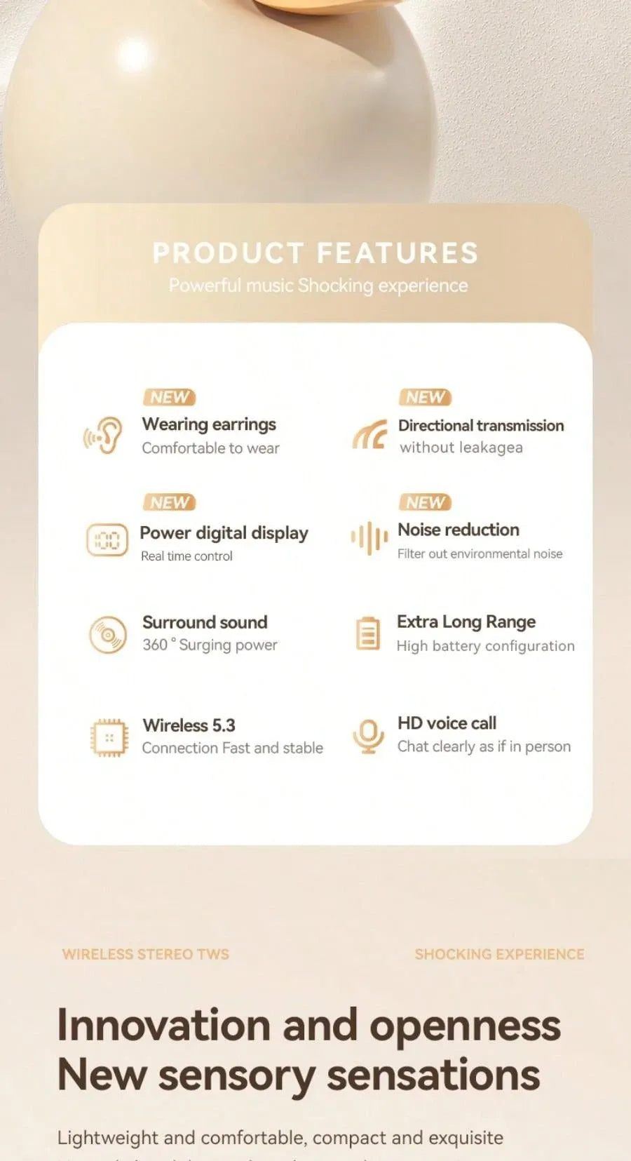 Open-Ear Wireless Earphones with LED Display – Over-the-Ear Design, Sweatproof, Bluetooth 5.3