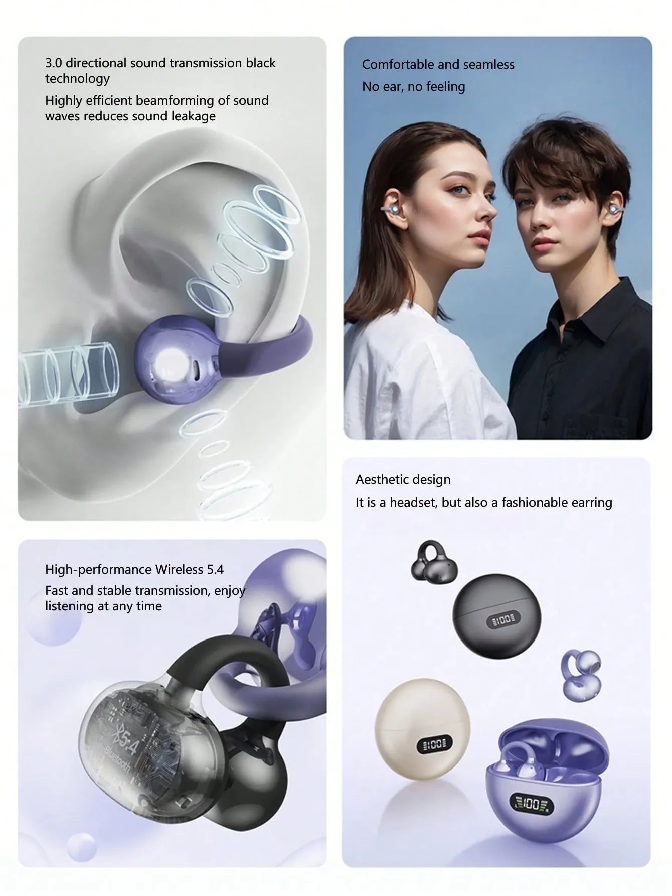 NEW SENYANG LED Display Clip-On Earphones, Sound-Proof, Long-Wearing Comfort, Open-Ear Sports Design, Wireless Bluetooth Earbuds