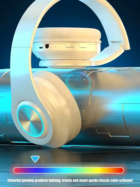 Wireless Gaming Headset – White Foldable Bluetooth Headphones with LED Lights & Deep Bass