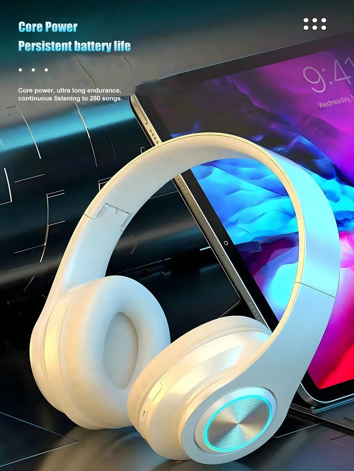 Wireless Gaming Headset – White Foldable Bluetooth Headphones with LED Lights & Deep Bass