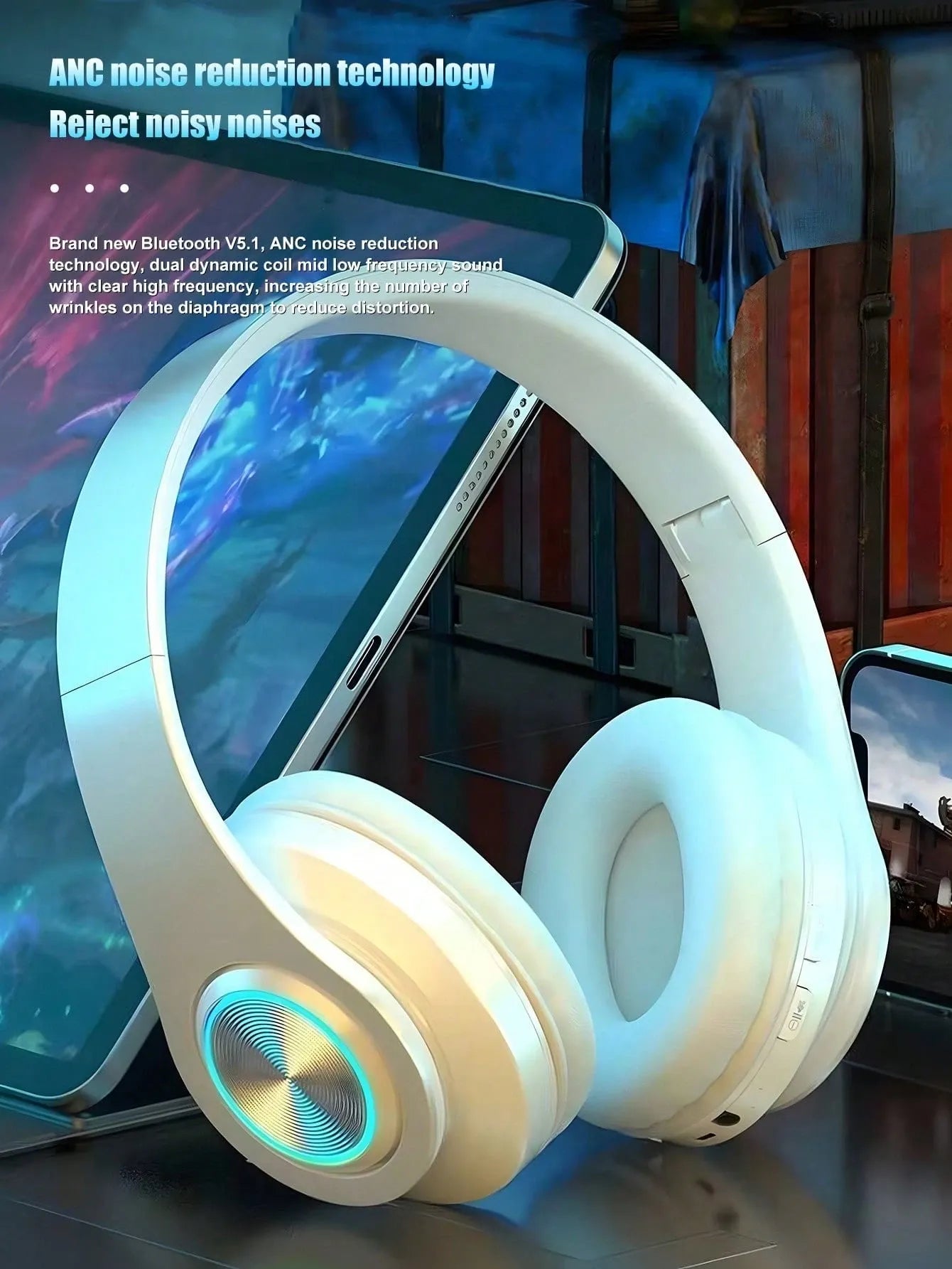 Wireless Gaming Headset – White Foldable Bluetooth Headphones with LED Lights & Deep Bass