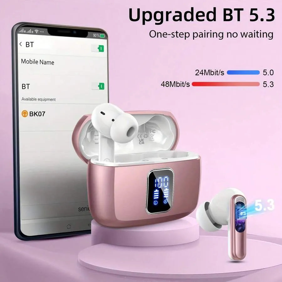 BK07 Wireless Bluetooth 5.4 Earbuds with LED Display, Touch Control & Noise Cancelling (Black)